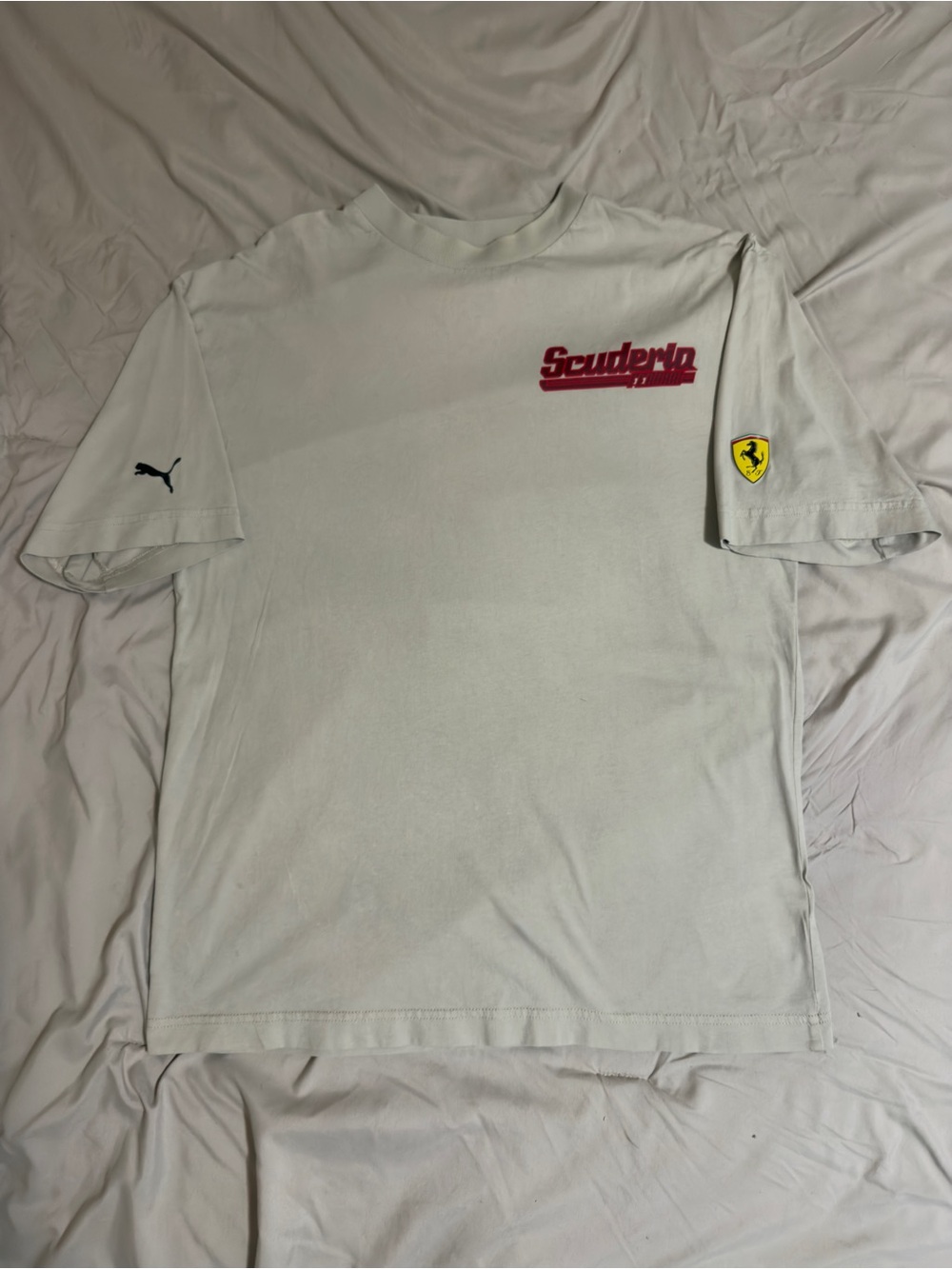 Scuderia Ferrari White Short Sleeve Tee with Red Script and Yellow Shield Patch